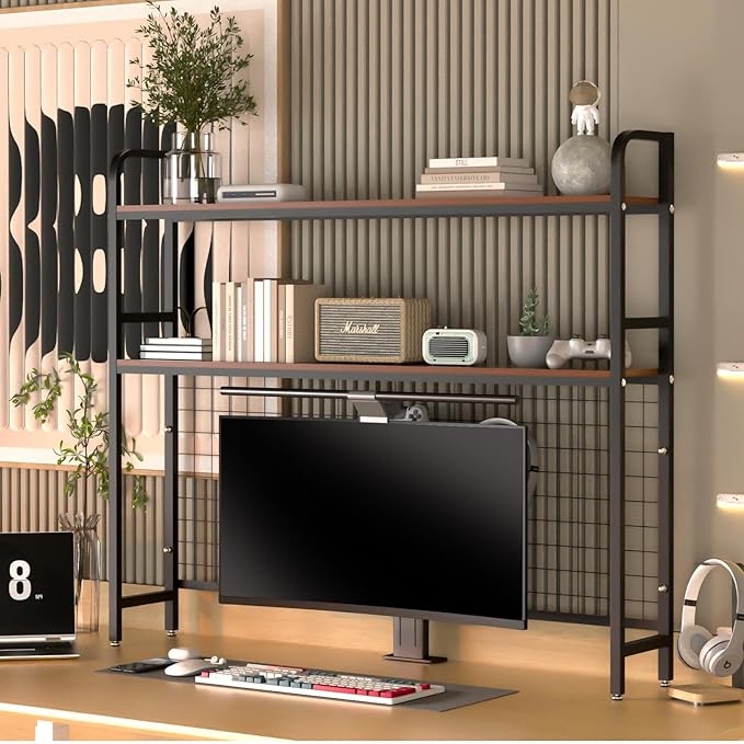 FAHKNS Desktop Bookshelf - 2-Tier Desk Book Organizer，Multifunctional Metal Desktop Bookshelf with 3 Hooks & DIY Storage Mesh for Office/Game Room/Study/Powder Room - Black