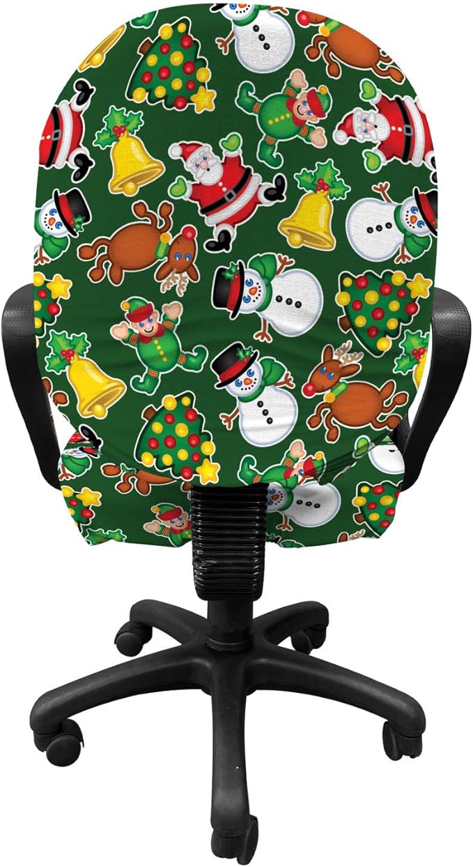 Ambesonne Christmas Office Chair Slipcover, Vivid of Joyous Holiday Celebration Jumping Dancing Cheery Cartoon for Yule, Protective Stretch Decorative Fabric Cover, Standard Size, Green Red