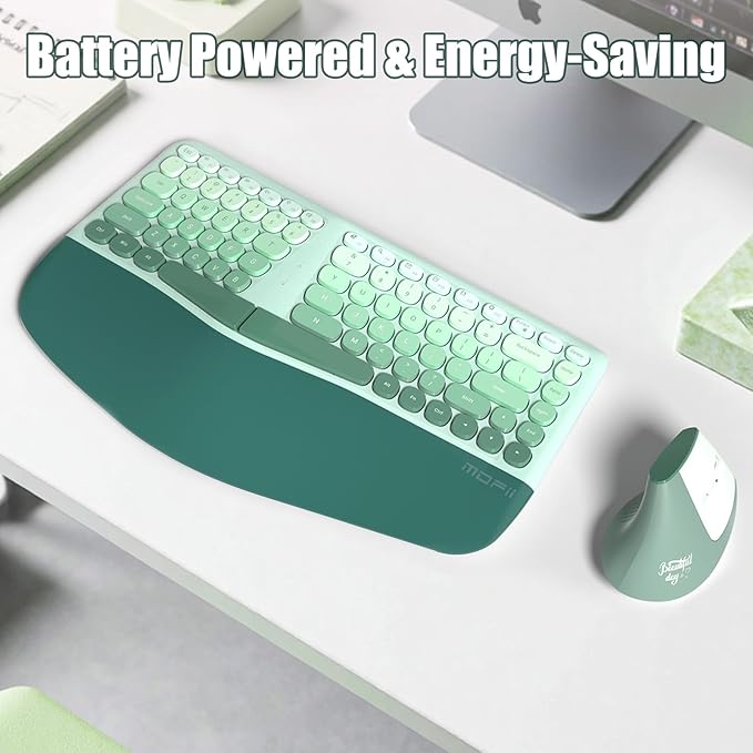 Ergonomic Wireless Keyboard and Mouse Combo with Wrist Rest, Curved Split Keys Clicky 84-Key Membrane Keyboard 6-Key Vertical Mouse Set for Win/Mac/PC/Laptop, AAA Batteries, Mint Green