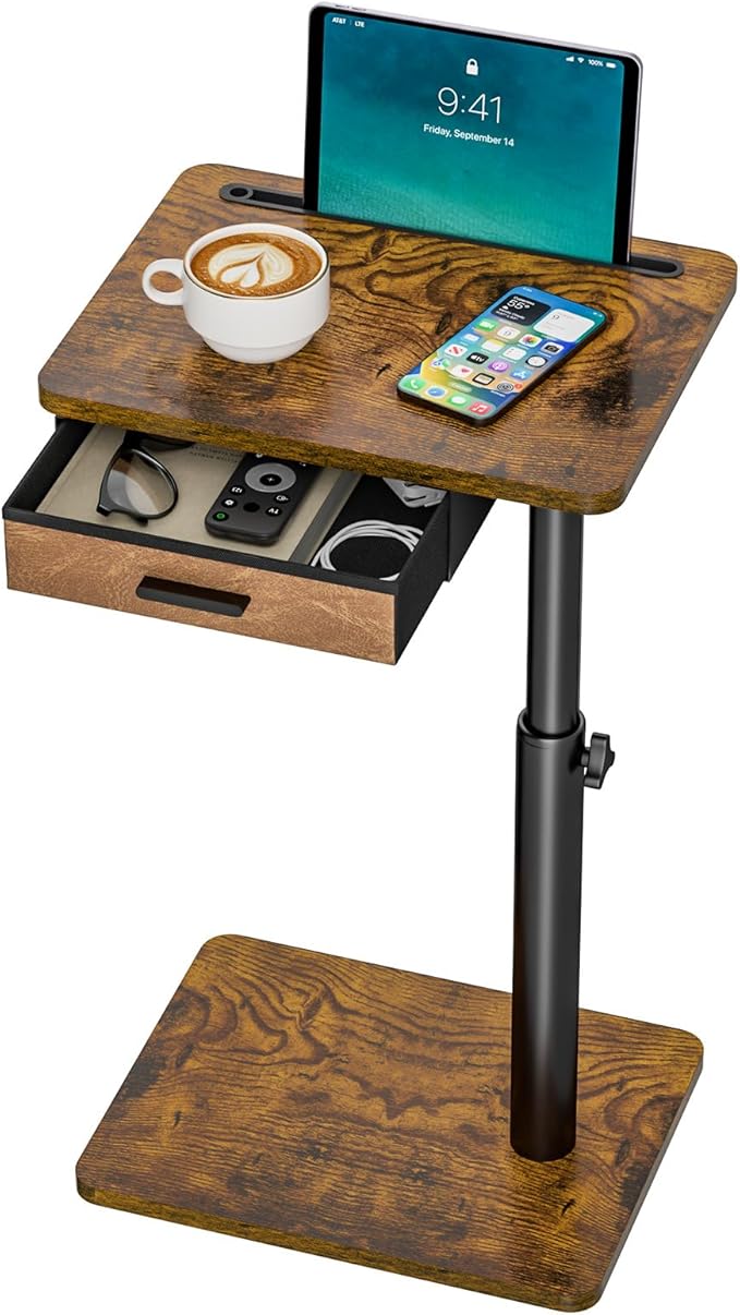 Simple Serenity TV Tray Table with Drawer & Swivel Top, Height Adjustable TV Tray for Eating on Couch, C Shaped End Table for Couch, Sofa Desk Couch Table for Bedroom & Living Room, Patent Pending