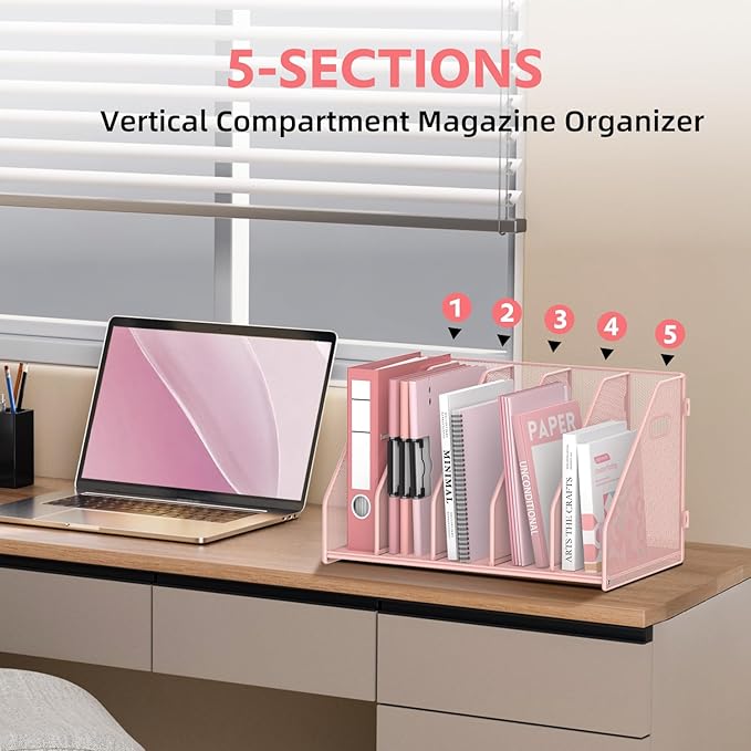 SUPEASY Binder Organizer, Magazine File Holder with 5 Vertical Compartments Rack, Metal Desk File Organizer & Binder Holders, Magazine Organizers for Office Desktop, Home, School, Classroom (Pink)