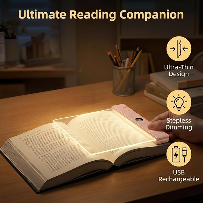 XL LED Flat Book Light for Reading in Bed, Eye Care Stepless Dimmable Reading Lamp with 1-99 Min Auto-Off Timer, Portable USB Rechargeable 1200mAh Battery for Night Time & Travel (Matte Pink)