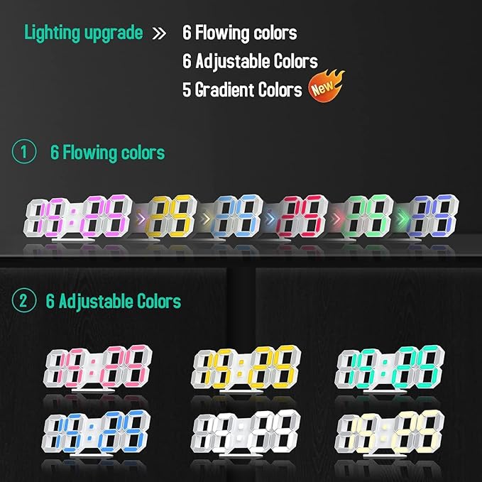 3D LED Digital Wall Clock 9.7" RGB Neon Alarm Clock, Large Display Desk/Wall Clock for Bedroom Living Room, 7 Colors Night Light, Adjustable Brightness, Time Date Temperature, 12/24H