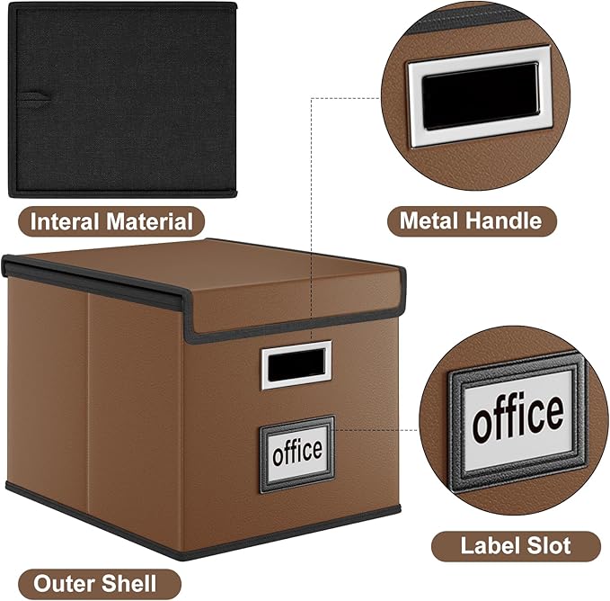 File Organizer Boxes with Lids, Collapsible Faux Leather Hanging File Folder Box Organizer with Plastic Slide, Decorative Home/Office Filing System Boxes for File and Folders Storage