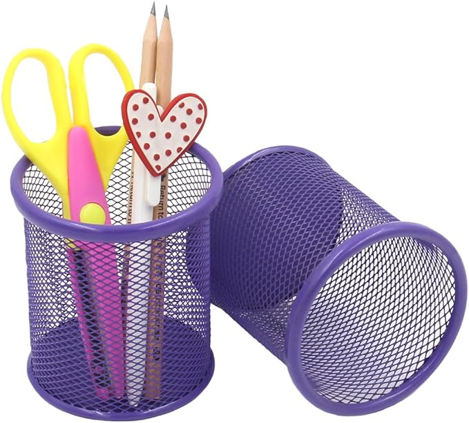 EasyPAG Pencil Holder for Desk, 2 Pack Metal Pen Organizer, Mesh Pencil Cup Organizer for Home, Office, Classroom, School, Purple