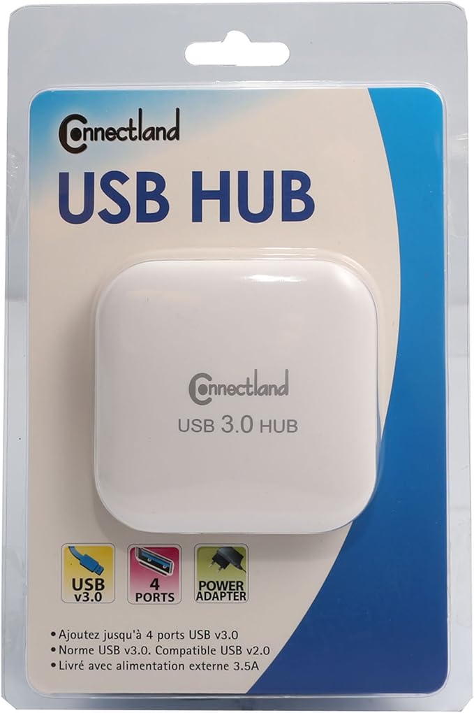 Connectland USB 3.0 4 Port Hub 5Gbps Data Transfer Rate Components Other White - CL-HUB20127