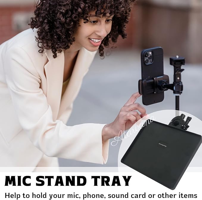 Universal Microphone Stand Tray, Adjustable Mic Stand Clamp-On Utility Shelf Rack Tray Holder for Music Sheet, Live Streaming, Concert Performance, Karaoke, Recording, Music Stand Accessories