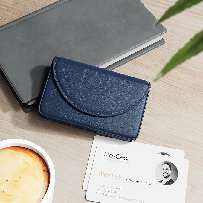 MaxGear Business Card Holder Case, PU Leather Business Card Case for Purse, Pocket Travel Name Card Holder Wallet for Men or Women Gift, Portable Magnetic Business Card Carrier, Slim & Stylish, Navy