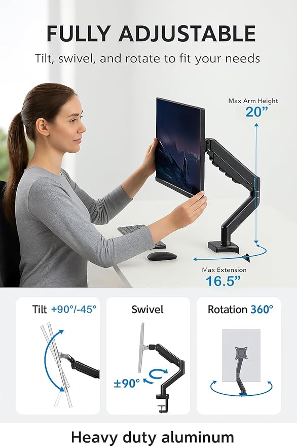 ArcadeX Single Monitor Mount, 13 to 32 Inch Gas Monitor Arm, Adjustable Stand, Vesa Mount with Clamp and Grommet Base - Fits 4.4 to 22lbs LED Computer Monitors (Black)