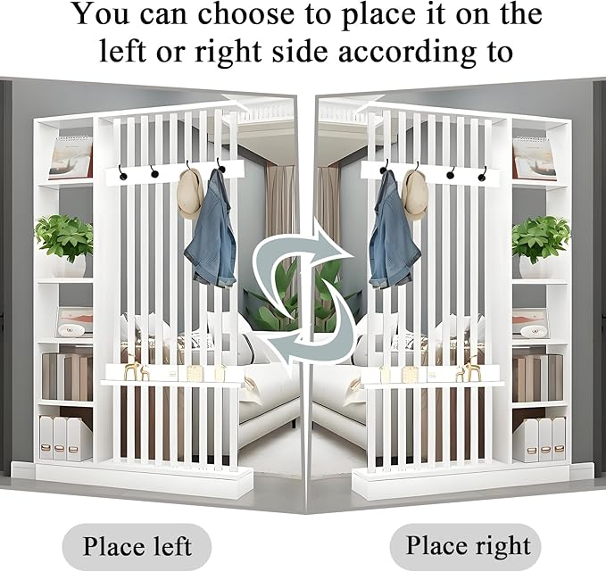 Wall Room Divider - Freestanding Wood Room Divider with Shelves and Coat Rack, Wall Divider with Storage Cabinet and Display Shelf, Freestanding Decor for Bedroom, Office