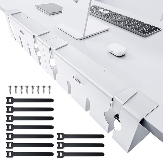 NODOCA No Drill Under Desk Cable Management Tray, 17'' Wire Management, Punch-Free Clamp on, Metal Cable Tray, Wire Organizer Under Desk, Under Desk Basket for Office and Home, White(2 Packs)