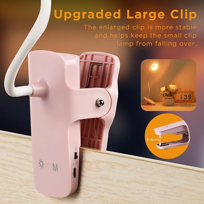 Akynite Desk Lamp LED Clip on Light, 5 Modes 5 Brightness Dimmable Clamp Light, Rechargeable Battery Flexible Clip on Reading Lamp for Bed Headboard Bunk Bed at Night for Kids (Pink)