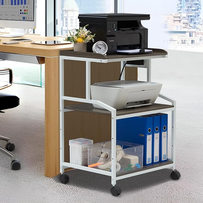 Lauren&Harold 34'' Printer Stand with Power Outlets & USB Ports, 3-Tier Adjustable Rolling Cart, Heavy Duty 150LBS Storage Table with Wheels for Office, Kitchen, Living Room, Grey/White