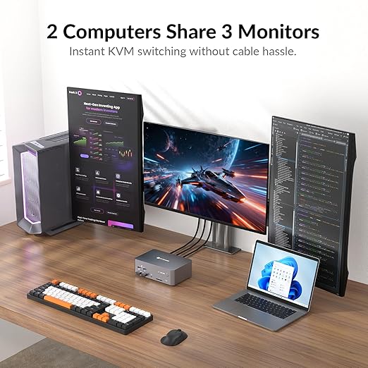 AV Access 8K KVM Switch 3 Monitors 2 Computers, Laptop + Desktop KVM Docking Station, 100W PD, GbE, 2xUSB 3.2 10Gbps USB C Hub, SD Reader & Remote Switcher for HP, Dell, Chromebook, PC, and More