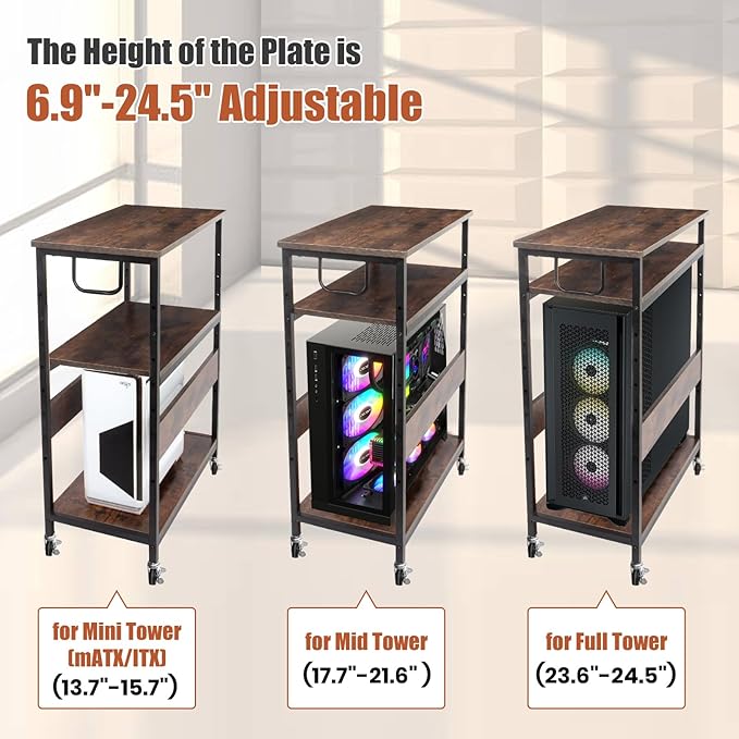 TooCust Extra Large Height Adjustable Computer Tower Stand, Computer & Machine Carts, PC Tower Stand, Printer Stands with Steel Wheels, Holds Up to 110 lbs (Fits 11" D x 22" W x 24.5" H Towers)