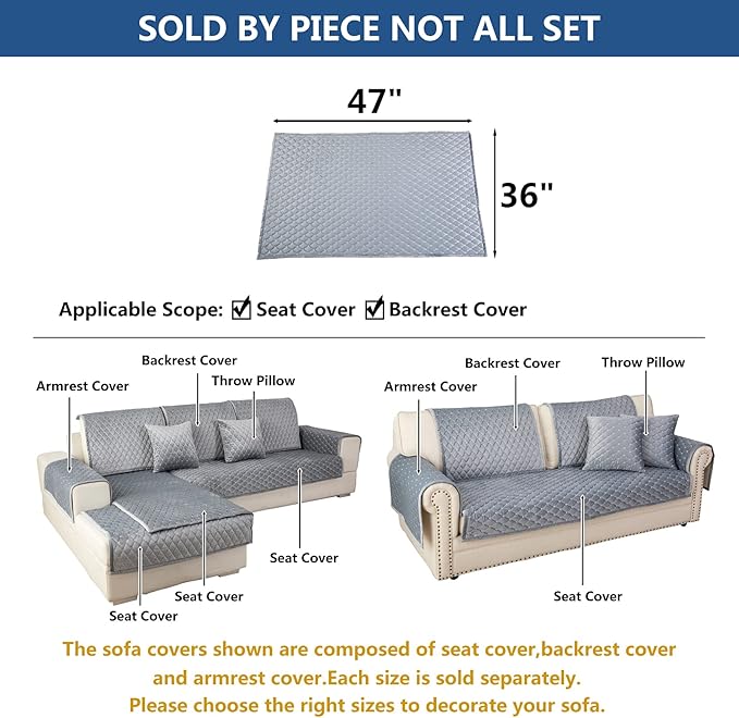 Eismodra Couch Cover,Sectional Couch Covers,Sofa Covers for 3 Cushion Couch,Anti-Slip Sofa Slipcovers for Dogs Cats Kids Loveseat Recliner L Shaped Armrest Backrest,Light Gray 36''x47''(Only 1 Piece)