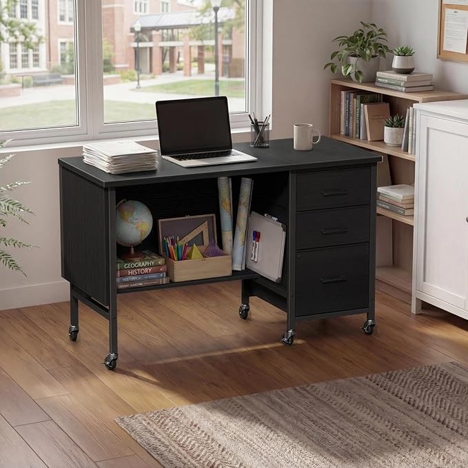 Rolling Teacher Desk with File Drawer & Privacy Panel, 47" Mobile Computer Desk with 3 Storage Drawers on Wheels, Modern Office Desks with File Cabinet for Classroom & Home Office, Black