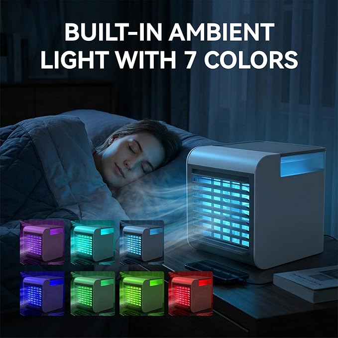 Portable Air Conditioner Fan, 4-in-1 Mini Air Cooler with 450ML Water Tank, 3 Speeds Portable Fan 7 Colors LED Ambient Light, Mini Evaporative Cooler Desktop Humidifier Fan for Bedroom Office Travel