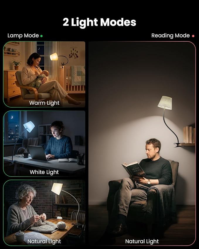 Clip on Bedside Lamp with Fabric Shade, Dimmable Reading Light 10-Level Brightness Memory, RGB & 3 Color Temperatures, Flexible Gooseneck Clip Lamp for Headboard Desk Dorm, Adapter Included