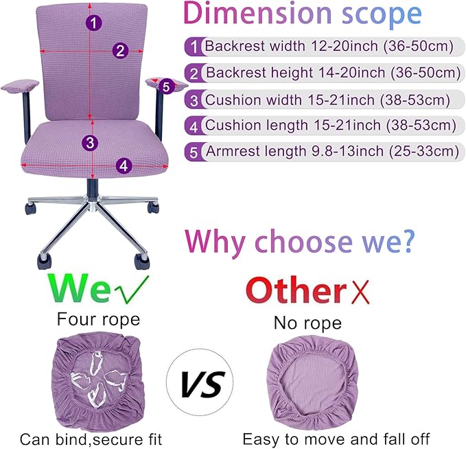 4Pcs Office Chair Covers Stretchable Set Desk Chair Cover Computer Chair Cover with 4 Non-Slip Elastic Straps Protective Armrest Slipcovers Pads Backrest Cushion for Rotating Chair (Purple)