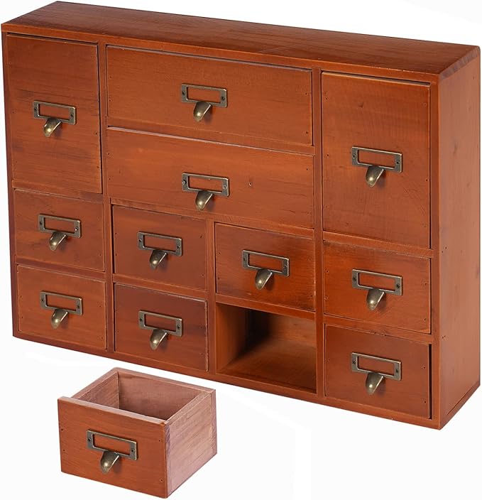 Vintage Desktop Apothecary Cabinet with 12 Drawers,Wood Desktop Organizers Stackable Drawers Desktop Chest Drawer for Herb Storage,Tea Collection,Stationery (12 Drawers,Brown)