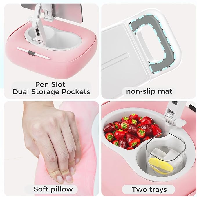 Tablet Pillow Stand, Adjustable Kindle Holder with 2 Snack Bowls, 360° Adjustable iPad Stand for Bed with 4.7''-13'' iPad, Kindle, Phone, Gift for Reading Accessories on Bed, Sofa, Pink