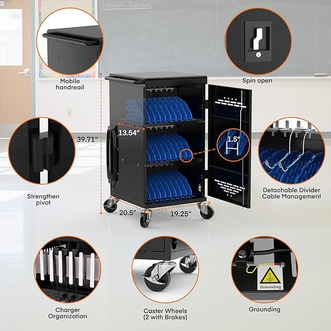 Laptop Charging Cart,30 Charging Station for Chromebook and iPad - Black Computer Charging Cart with Cable Management & Charger Organization for School Classroom & Office, Assembly Required