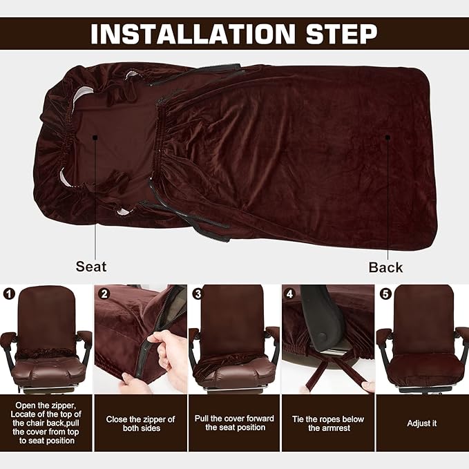 NeColorLife Velvet Office Chair Cover with Armrest Covers - Stretchable High Back Desk Computer Chair Slipcover for Large Rotating Boss Chairs (Large,Brown)