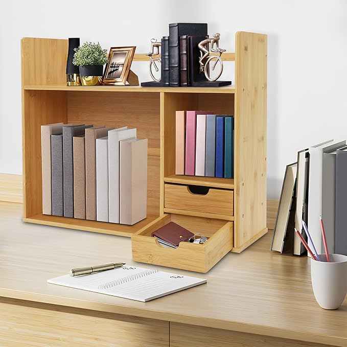 Bamboo Desk Organizer and Shelf Unit, 2-Tier Desktop Bookshelf with 2 Drawers, Sturdy Natural Tabletop Storage for Office Home Students, Space Saver, 22.83 * 18.11in, Holds 110lbs