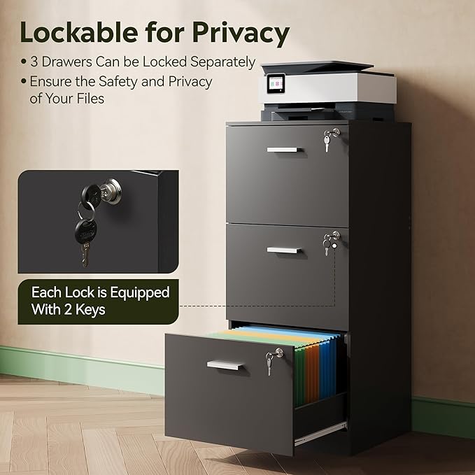 DEVAISE 3 Drawer File Cabinet, Vertical Wood Filing Cabinet with Lock for Home Office, Printer Stand for Letter and A4 Size, Black