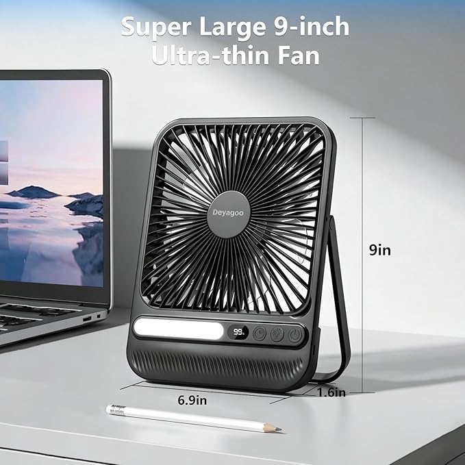 Deyagoo Travel Fan,7-Inch Camping Fan, Rechargeable Fan, 28H 10000mAh Ultra-Thin Quiet USB Desk Fan with Timer & LED Display for Bedroom, Office, Camping