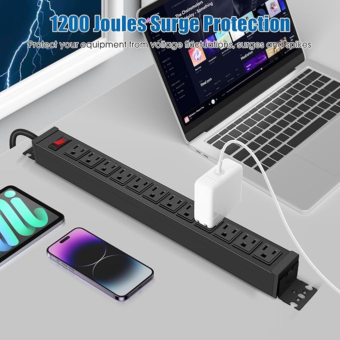 HHSOET Rotating Mountable Power Strip, 12 Outlet Wall Mount Surge Protector, 1200J, Metal Heavy Duty and Versatile Outlet Strip, Stylish Appearance, Sturdy and Durable, 10ft Power Cord.(Black)