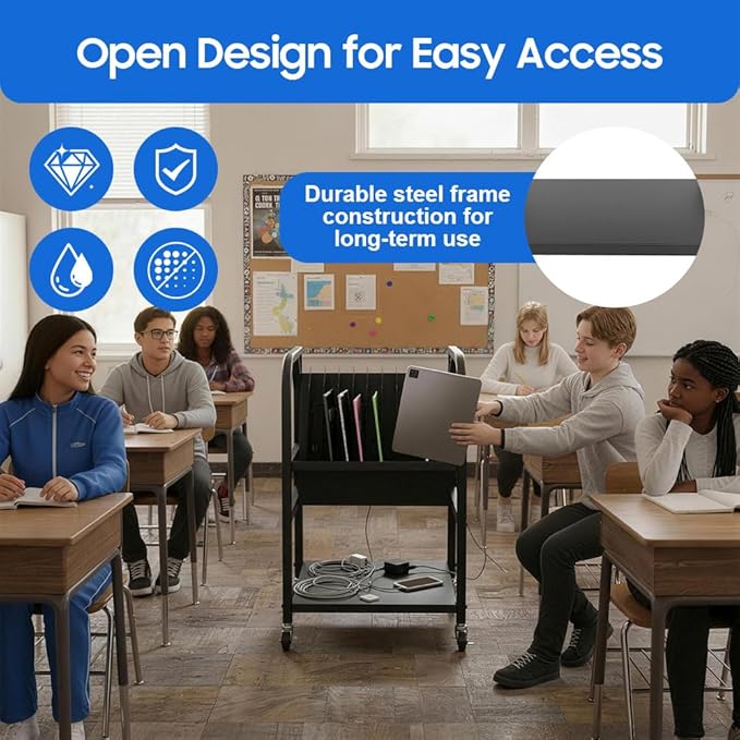 10-Device Mobile Charging Station, Open Laptop Charging Cart for Classroom - Rolling iPad Chromebook Tablet Charging Cart with Power Strip & Dividers, Portable Charging Stand for School Office