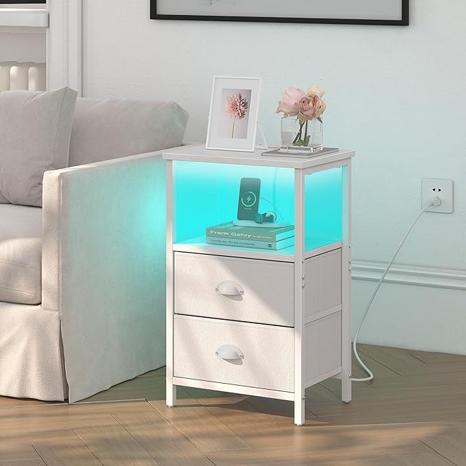 sthmec Nightstand with Charging Station, LED Night Stand with 2 Fabric Drawers PU Finish, Bedside Tables End Table with LED Light, 3-Tier Storage Side Table Nightstand with Drawers for Bedroom,White