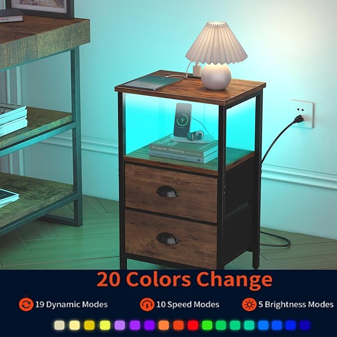 Sthmec Rustic Brown Industrial Nightstand Set of 2, Bedside Table with 2 Fabric Drawers, 3-Tier Storage, LED Light, Charging Station, 11.38''D * 15.38''W* 24.75''H