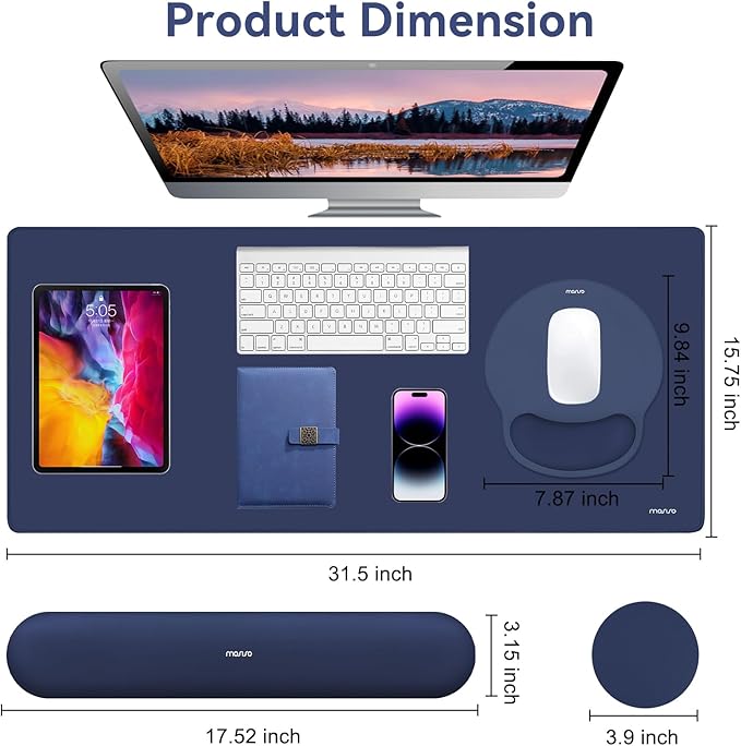 MOSISO Wrist Rest for Keyboard Mouse Pad Set, Large Gaming Deskpad&Circle Curved Mousepad&Keyboard Wrist Rest&Coaster, Ergonomic Non-Slip Mousepad&Easy Typing Pad with Silicone Lining, Navy Blue