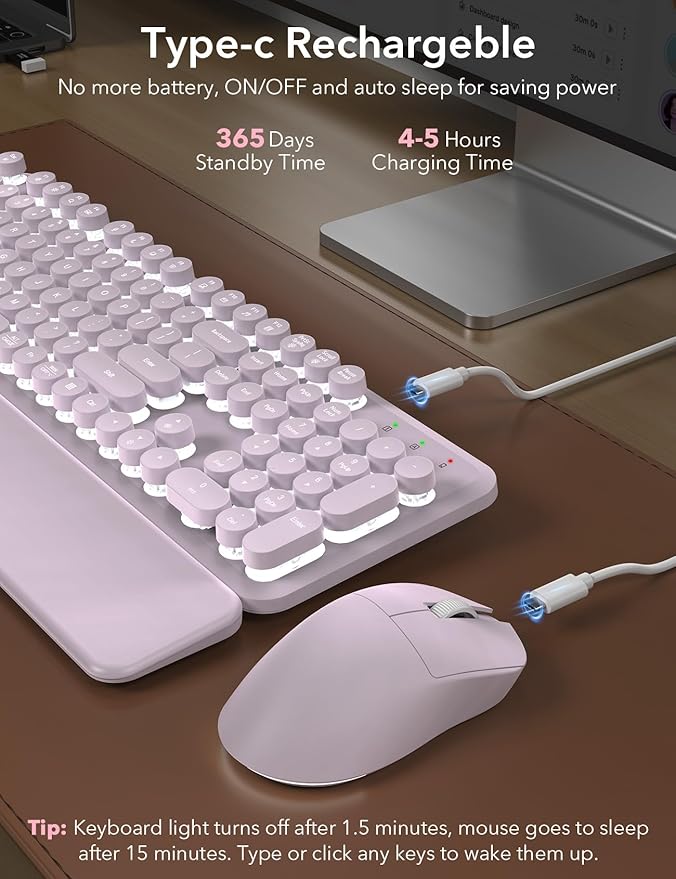 Wireless Keyboard and Mouse Backlit - Typewriter Keyboard with Magnetic Wrist Rest, Retro Round Keycaps, Light Up Letters, 2.4GHz Cordless Combo for Mac, Windows, PC, Laptop, Trueque（Dusty Lavender）