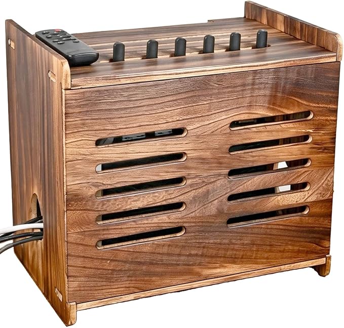 Large Wooden Router Box Hider, Wifi Router Cable Storage Box, Decorative Modem Shelf Hider Cover for Home Power Strip Cable Organization Perforated Cooling Brown
