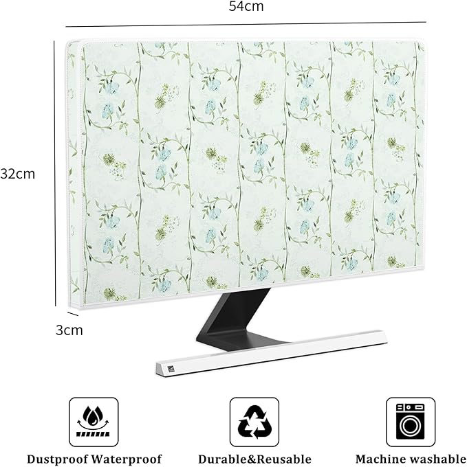 Elegant Flower Plant Monitor Dust Covers 22, 23, 24, 25 Inch Green and Blue Botanical Water Proof Computer Covers for Desktop PC Protector Dust Proof Monitor Cover for Computer Screen