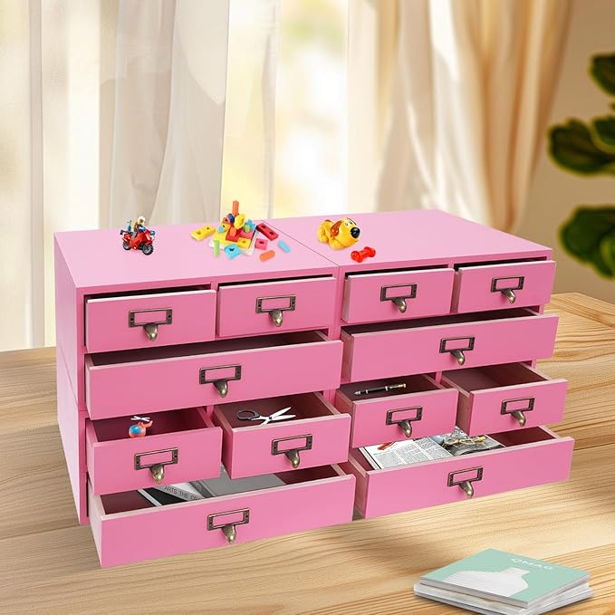 4 Packs Vintage Desktop Apothecary Cabinet with 3 Drawers,Wood Desktop Organizers Stackable Drawers Desktop Chest Drawer for Herb Storage,Tea Collection,Stationery (Pink)