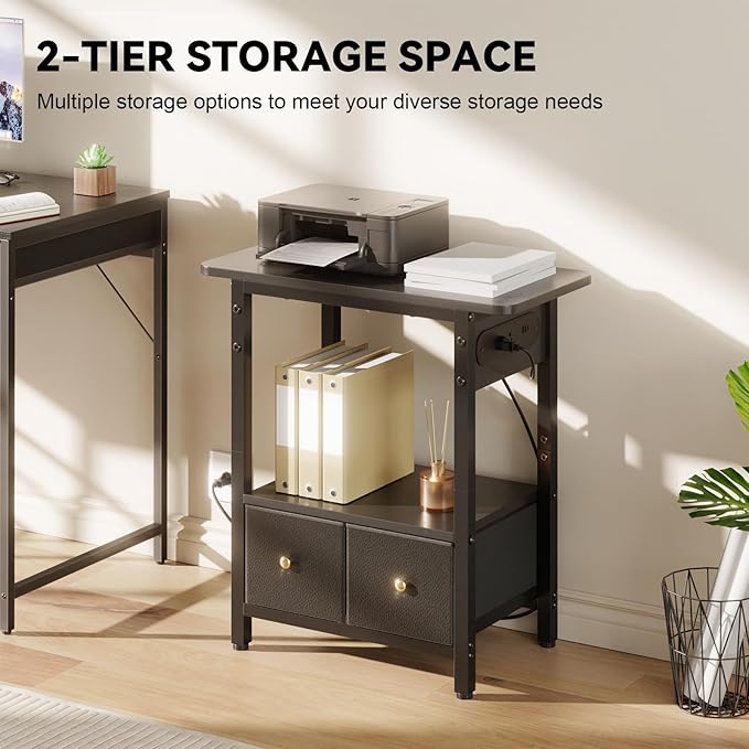 HLDIRECT Nightstand with Charging Station, Bedside Table with 2 Fabric Drawers and Large Storage Shelf for Small Space, End Table with Outlet and USB Ports for Living Room, Bedroom (Black)