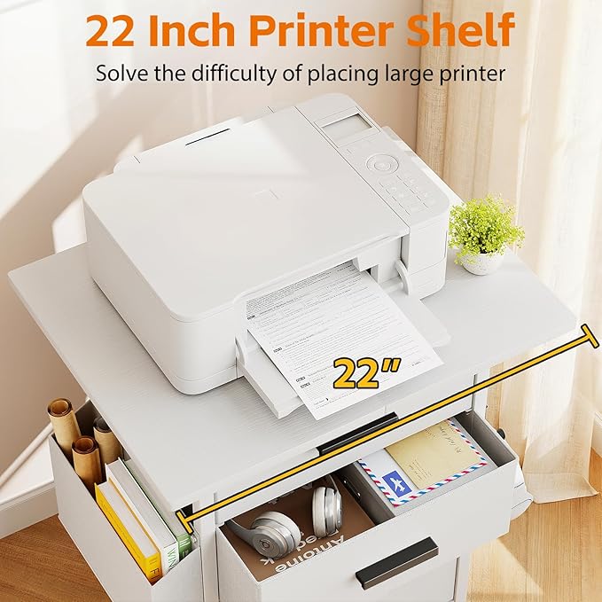 Mexin 3 Drawer File Cabinet with 24'' Extended Desktop, Mobile Filing Cabinet, Printer Stand, Rolling Printer Stand with Side Bag, Fabric Drawer, Fits A4 Size, Home Office, White