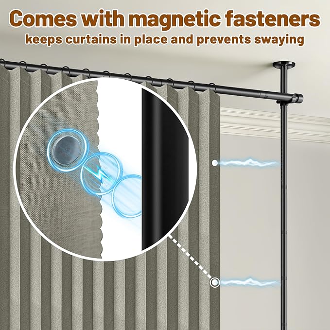 AJAZZ Privacy Curtains for Room Divider with Blackout & Soundproof (Grey, W100 x L96 in, 1 Panel)+ No Drill Curtain Rods(H) 43-120×(W) 35-100 in, Wall Divider for Bedroom/Studio/Office Curtain