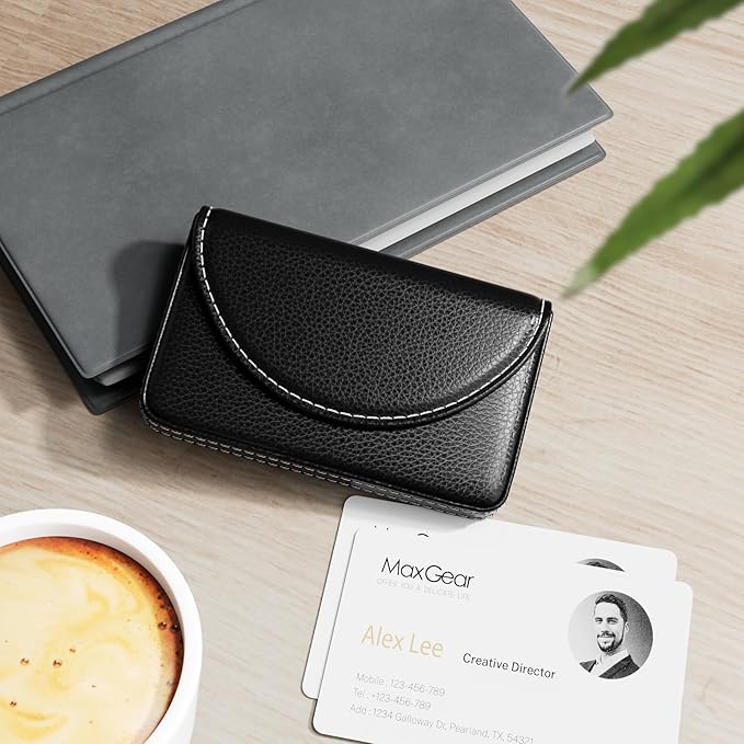 MaxGear Business Card Holder Case, PU Leather Business Card Case for Purse, Pocket Travel Name Card Holder Wallet for Men or Women Gift, Portable Magnetic Business Card Carrier, Slim & Stylish, Black
