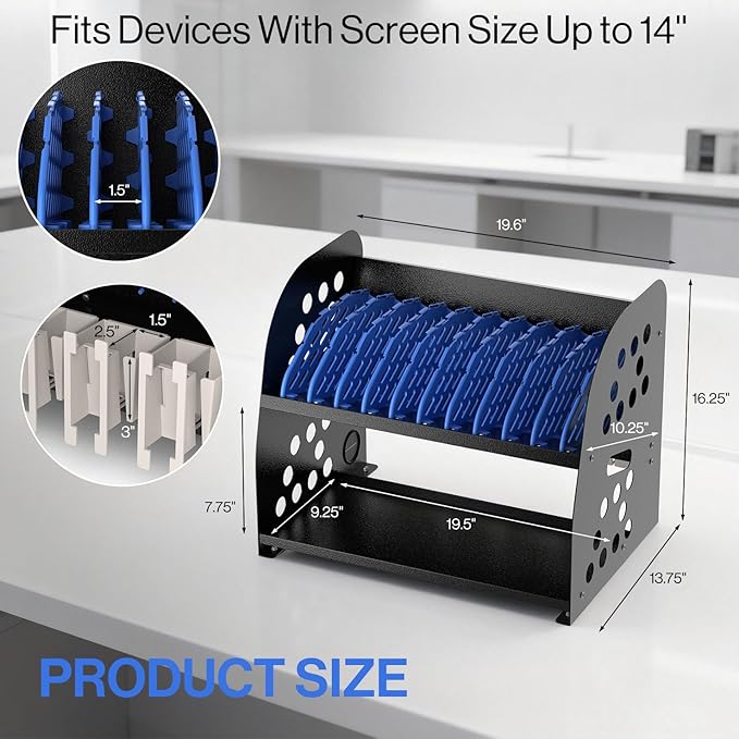 POCHAR 10-Device Charging Station for Chromebook, Tablet - Laptop Storage Rack with Storage Space, Multi-Device Charging Organizer for Classroom, Office, Hospital