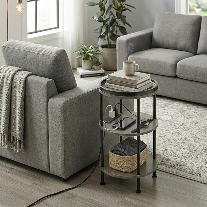 Small Round Side Table with Charging Station for Small Spaces, 3-Tier Accent Table with USB Ports & Power Outlets, Sofa Corner Tea Table for Living Room Nightstand Bedroom Apartment (Grey)