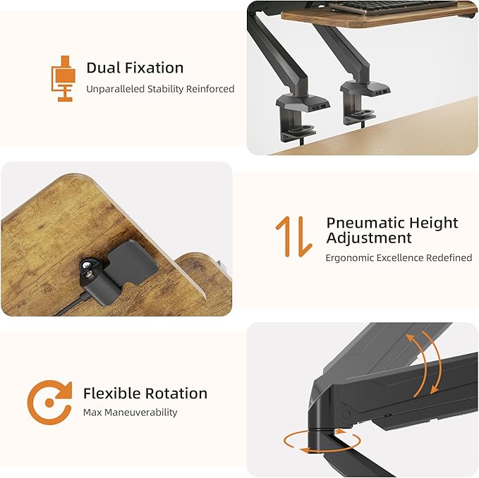 Claiks 24-Inch Sit-Stand Workstation，Innovative Space-Saving Height-Adjustable Ergonomic Desk Converter with Wide Keyboard Tray，Dual Fixation and Flexible Rotation Function, Rustic Brown