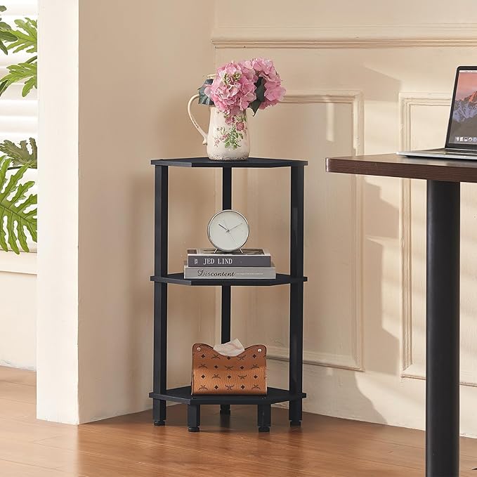 YUFAM 3-Tier Corner Shelf with Sturdy 5-Leg Base, 28in Tall Narrow Bookcase for Small Spaces, Wooden Plant Display Shelf, Thin Bookshelf for Living Room, Bedroom, Office, Black
