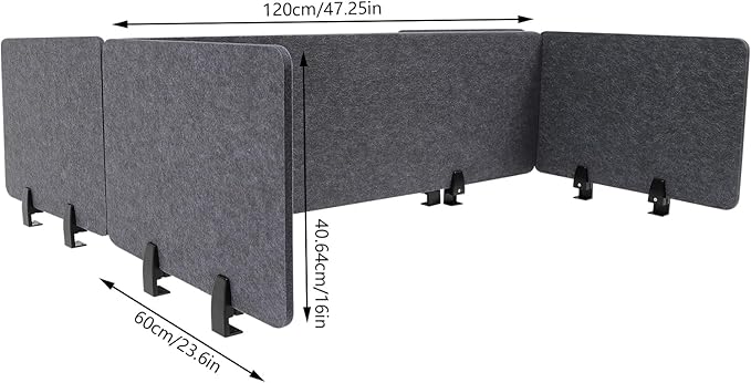 Desk Dividers, Clamp-On Mounted Acoustic Tabletop Privacy Screen - Reduce Noise & Visual Distraction, Polyester Fiber Office Cubicle Public Place Partition, 2x47.25" & 4x23.6" Panels, Anthracite Grey