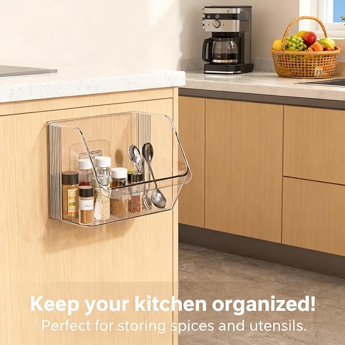 3 Pack Clear Plastic Wall Mount Storage Bins,Spice Rack Kitchen Organization and Storage,Organizing Small Items No Drilling Hang Walls/Doors for Bathroom, Bedroom, Office,Space-saving